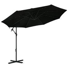 Parasol wiszący z LED i stalowym słupkiem, 300 cm, czarny